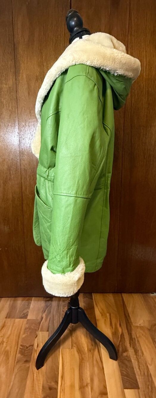 RARE Vtg Leather/Faux Fur Lined USA GREEN Coat w/Hood Penny Lane Protocol Medium - Picture 12 of 16